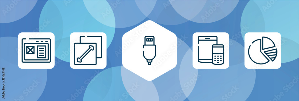 Poster design tools outline icon set isolated on blue abstract background. thin line icons such as adaptive