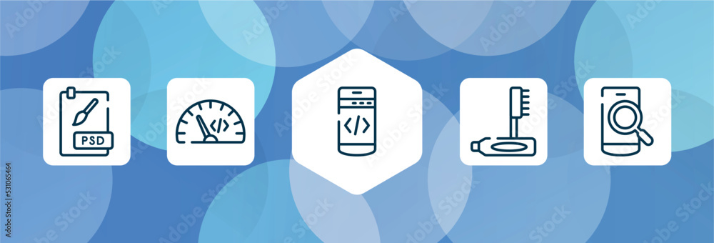 Poster responsive web outline icon set isolated on blue abstract background. thin line icons such as psd fi