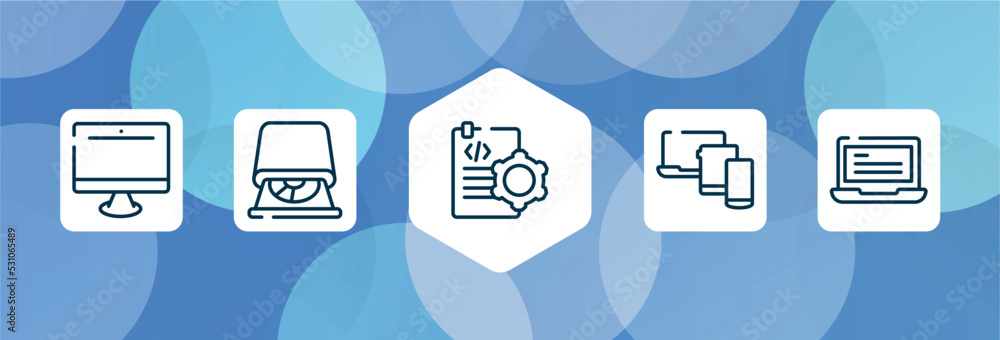 Poster responsive web outline icon set isolated on blue abstract background. thin line icons such as pc equ
