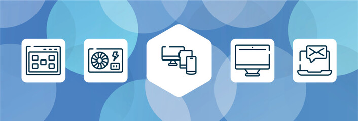 responsive web outline icon set isolated on blue abstract background. thin line icons such as ux de, psu, monitor tablet and smartphone, monitors, message on laptop vector. can be used for web and