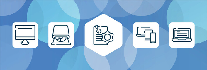 responsive web outline icon set isolated on blue abstract background. thin line icons such as pc equipment, cd room, document tings, three devices connected, laptop with text vector. can be used for