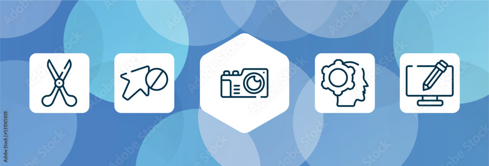 Poster computer and media outline icon set isolated on blue abstract background. thin line icons such as sc