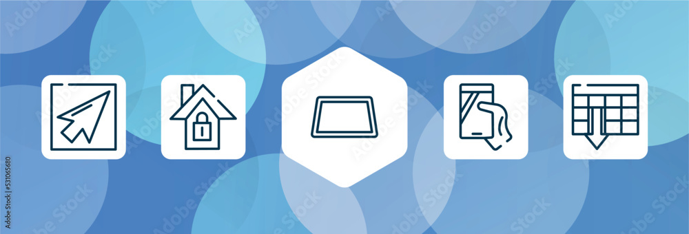 Poster computer and media outline icon set isolated on blue abstract background. thin line icons such as mo