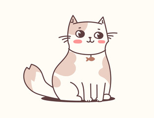 Vector illustration of happy cute cat character in collar with fish on light color background. Flat line art style design of sitting animal cat