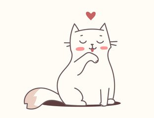 Vector illustration of happy cat character on light color background. Flat line art style romantic design of sitting and cleaning cute animal cat