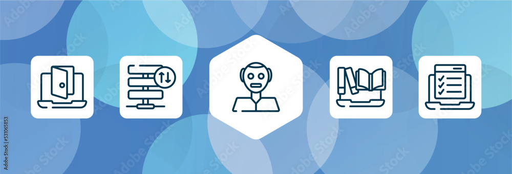 Poster online learning outline icon set isolated on blue abstract background. thin line icons such as backd