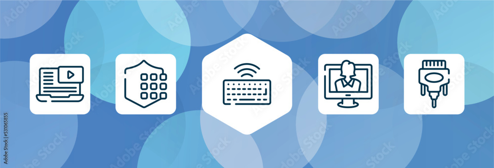 Poster computer and data outline icon set isolated on blue abstract background. thin line icons such as video lesson, passkey, wireless keyboard, talk show, dvi vector. can be used for web and mobile.