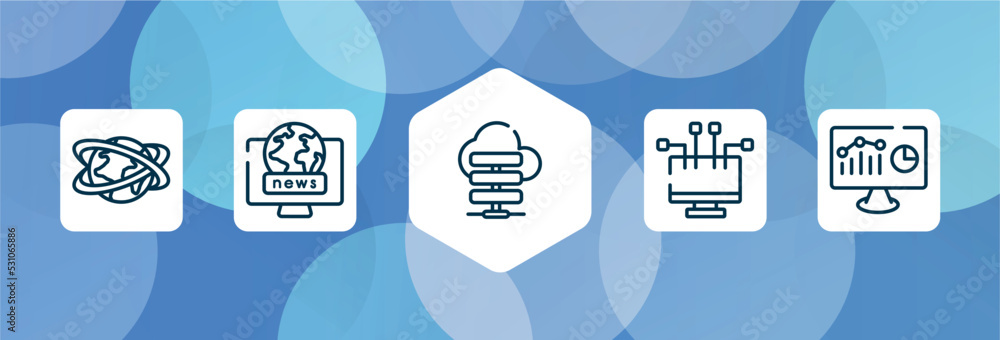 Poster seo outline icon set isolated on blue abstract background. thin line icons such as networld, world n