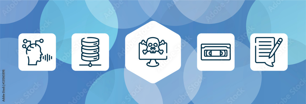 Poster seo outline icon set isolated on blue abstract background. thin line icons such as voice recognition