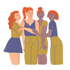 Group of four female friends. Friendship and diversity concept. Cartoon style hand drawn vector illustration