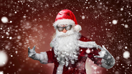 cool santa claus in sunglasses calls out discounts