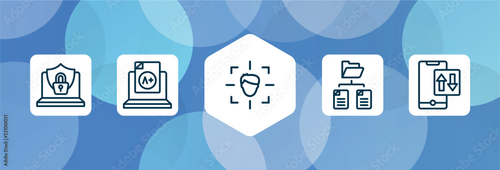 Poster data organization outline icon set isolated on blue abstract background. thin line icons such as int