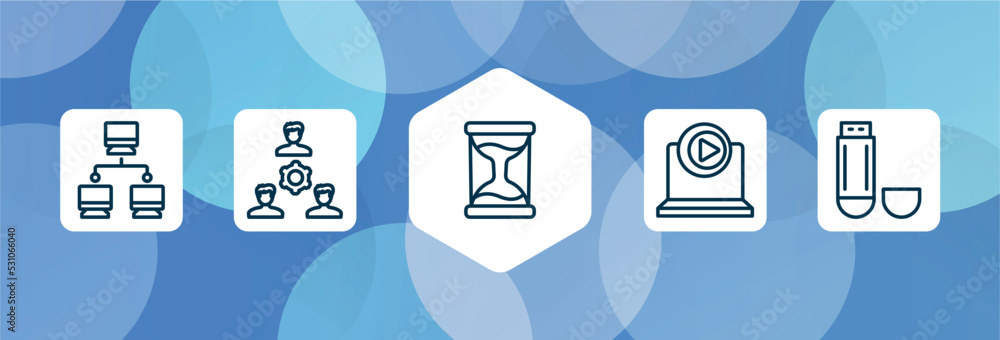 Poster technology outline icon set isolated on blue abstract background. thin line icons such as computer n