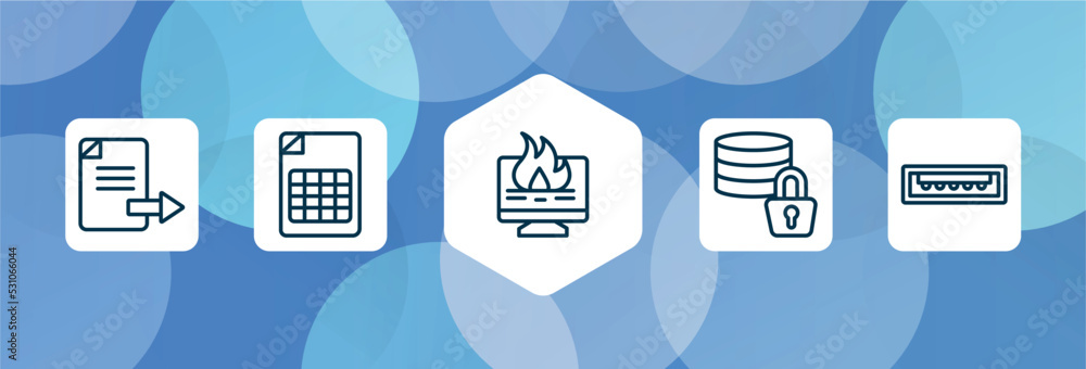 Poster it & components outline icon set isolated on blue abstract background. thin line icons such as export file, null, data loss, data encryption, usb port vector. can be used for web and mobile.