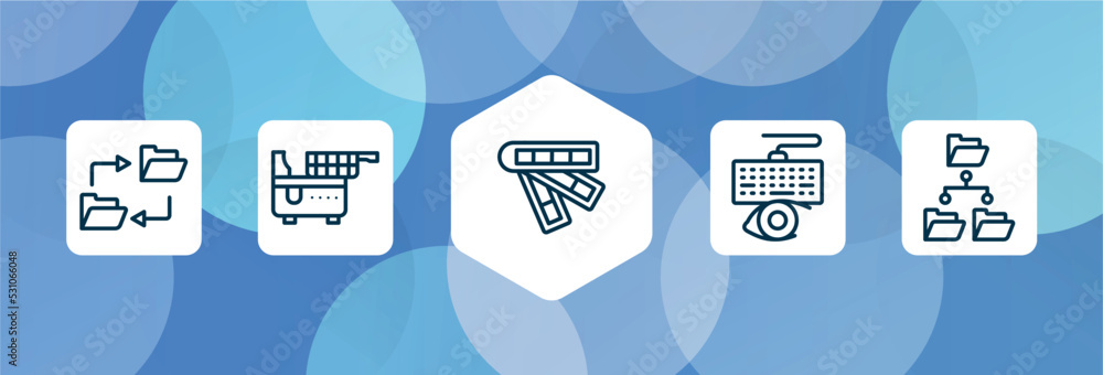 Poster data organization outline icon set isolated on blue abstract background. thin line icons such as dat