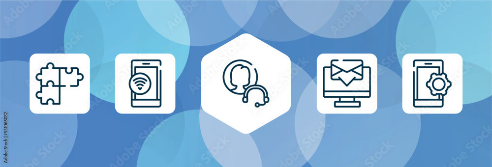 Aufkleber support outline icon set isolated on blue abstract background. thin line icons such as solving probl