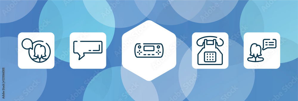 Poster talking outline icon set isolated on blue abstract background. thin line icons such as female user t