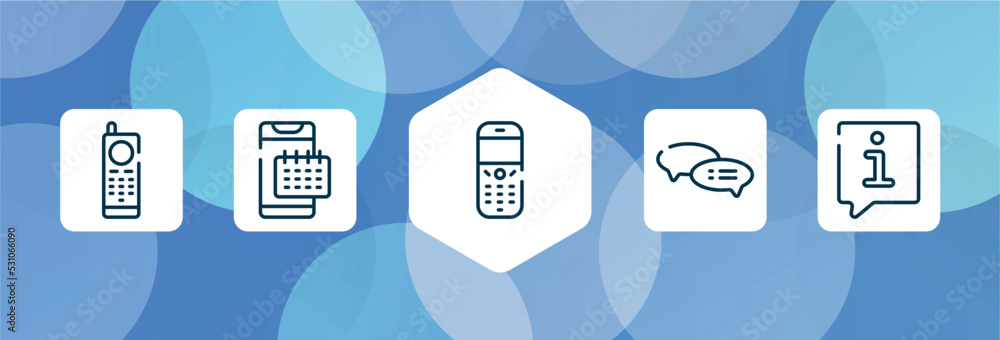 Poster talking outline icon set isolated on blue abstract background. thin line icons such as first commerc