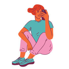 Woman sitting and taking a selfie in the mirror. Cartoon style hand drawn vector illustration