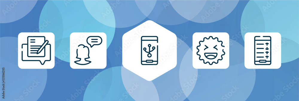 Poster mobile analytics outline icon set isolated on blue abstract background. thin line icons such as edit