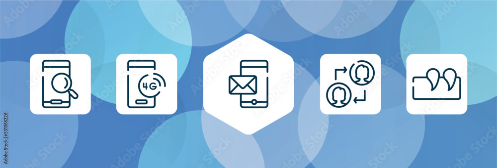 Poster speeches outline icon set isolated on blue abstract background. thin line icons such as searching by
