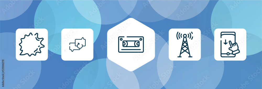 Poster mobile functions outline icon set isolated on blue abstract background. thin line icons such as shou