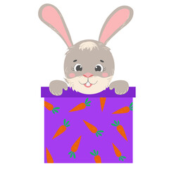 Gift box with grey rabbit Christmas sale. Greeting card template.
