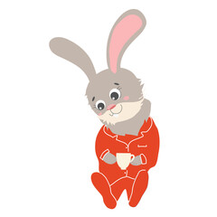 Gray rabbit drinks tea in red pajamas