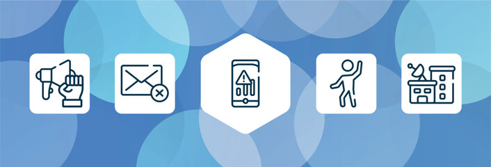 news outline icon set isolated on blue abstract background. thin line icons such as strenght, deleted, low, enjoy, station vector. can be used for web and mobile.