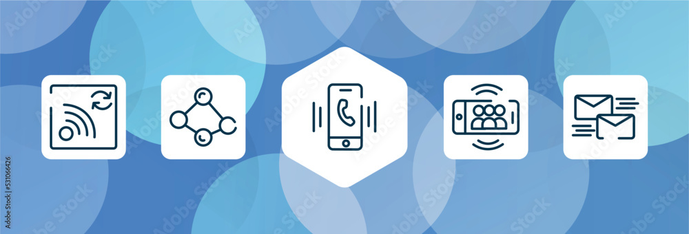 Poster communication and media outline icon set isolated on blue abstract background. thin line icons such 