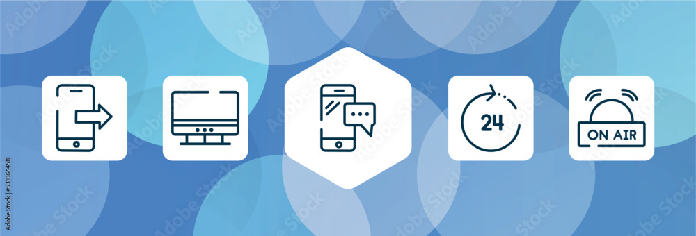 Poster radio outline icon set isolated on blue abstract background. thin line icons such as smartphone send
