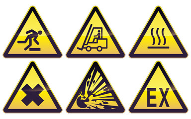 Obraz premium Collection of black and yellow triangular signs warning of industrial risks: explosive material, explosive, passage of handling equipment, dangerous zone, risk of burns and toxic products