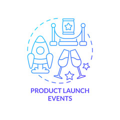 Product launch events blue gradient concept icon. Business presentation. Corporate promotional abstract idea thin line illustration. Isolated outline drawing. Myriad Pro-Bold font used