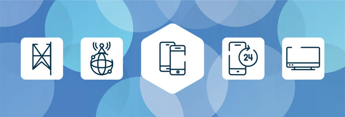 communication and media outline icon set isolated on blue abstract background. thin line icons such as lace, world wide internet, smartphones couple, smartphone 24 hours service, tv screen vector.