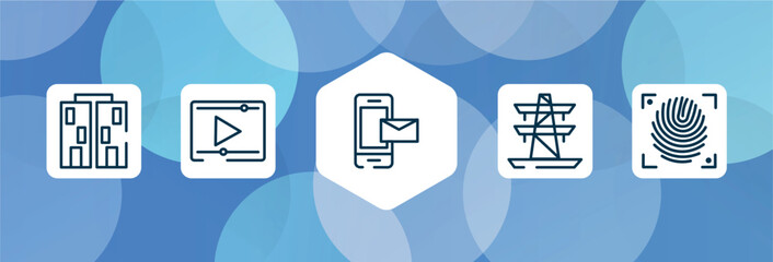 smartphone outline icon set isolated on blue abstract background. thin line icons such as offices, video play, smartphone with email, tower transmissions, fingerprint scan vector. can be used for