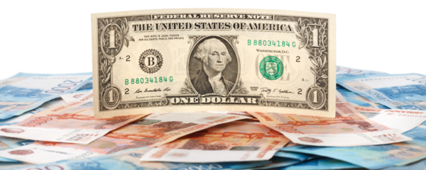 One US Dollar on Russian ruble. Money background. Currency exhange. Economic crisis. Rouble dollar cash. Hundred dollar bill and 5000 rubles. Business and finance. Russia and USA