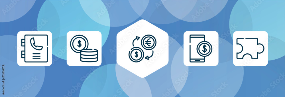 Poster strategy and management outline icon set isolated on blue abstract background. thin line icons such 