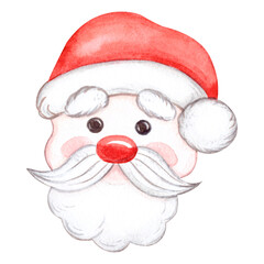 Watercolor Christmas Santa Claus face Cartoon character isolated on white background. Illustration for various festive, New Year, Christmas products, etc. Colorful watercolor element