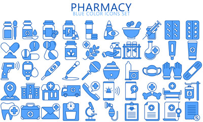 Simple set of blue color icons about pharmacy. Included the icons as drugs, medicine, prescription and more. use for modern UI or UX kit, digital banner and app. vector EPS 10 ready convert to SVG.