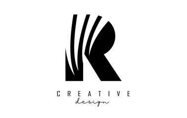 Black letter R logo with leading lines and negative space design. Letter with geometric and creative cuts concept.