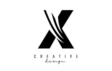 Black letter X logo with leading lines and negative space design. Letter with geometric and creative cuts concept.