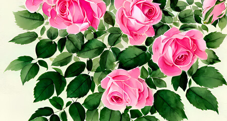 Arrangement Of Pink Roses With Green Leaves Background And Concept Art. Colorful Watercolor Floral Digital Illustration.