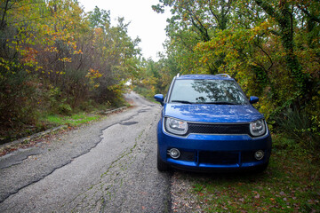 Obraz na płótnie Canvas Blue car on a mountain path