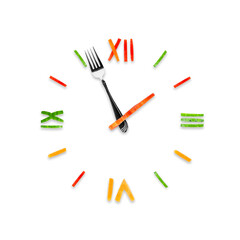 Time to eat concept. Food clock isolated on transparent background. PNG format - obrazy, fototapety, plakaty