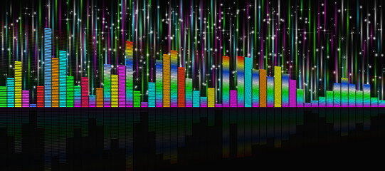 Vector wide bright color graphic equalizer on a dark background with glowing rays and starry sparks