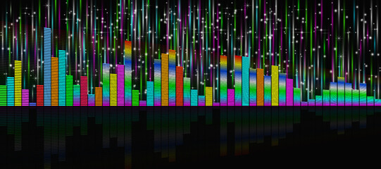 Obraz premium Vector wide bright color graphic equalizer on a dark background with glowing rays and starry sparks