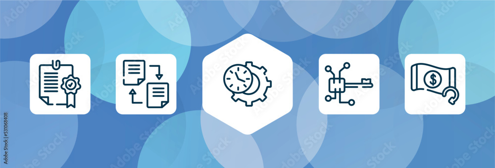 Poster business outline icon set isolated on blue abstract background. thin line icons such as confirmation
