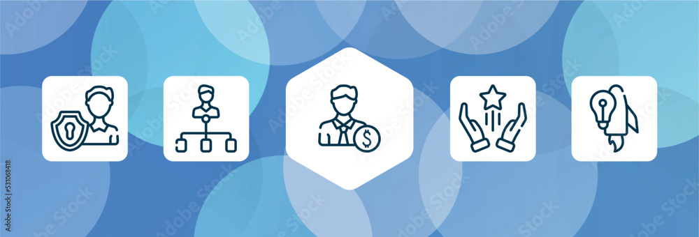 Aufkleber business outline icon set isolated on blue abstract background. thin line icons such as personal sec
