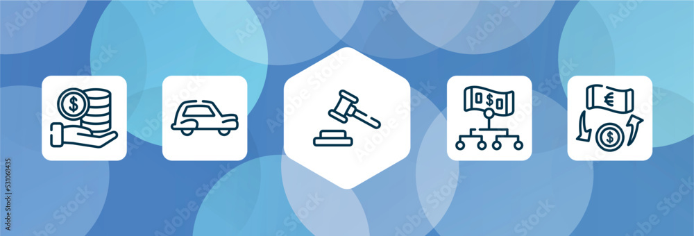 Poster business management outline icon set isolated on blue abstract background. thin line icons such as s