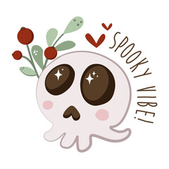 Skull cute, red berries on branches, Halloween eyes, hearts. Clipart, vector simple illustration. Halloween cute cartoon scary character.